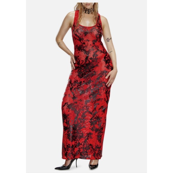Savage X Fenty Dresses & Skirts - Diesel X Savage Fenty Foiled Fishnet Maxi Sleep Slip Dress Red Sz 4-6